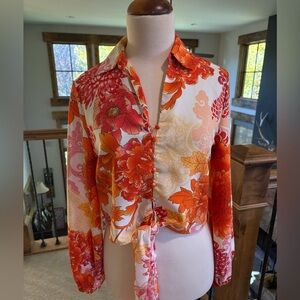 Joie Cropped Blouse Top Orange XS Floral w/ Tie